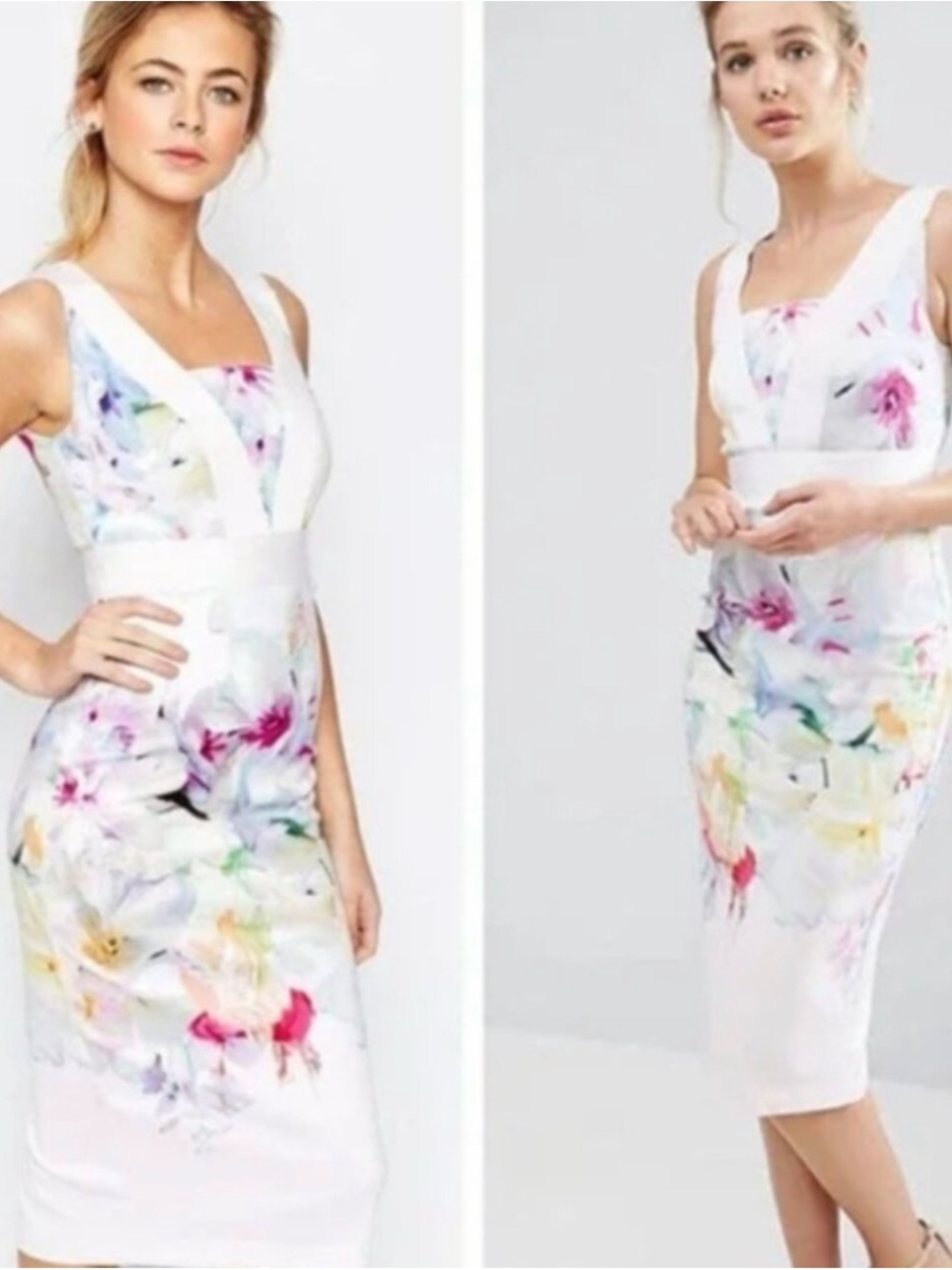 Ted Baker White Floral Watercolor Midi Dress